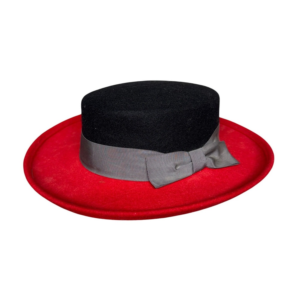 Vintage USA Wool Boater Hat Red Black Two Tone Flat Top Bow Matador Skimmer